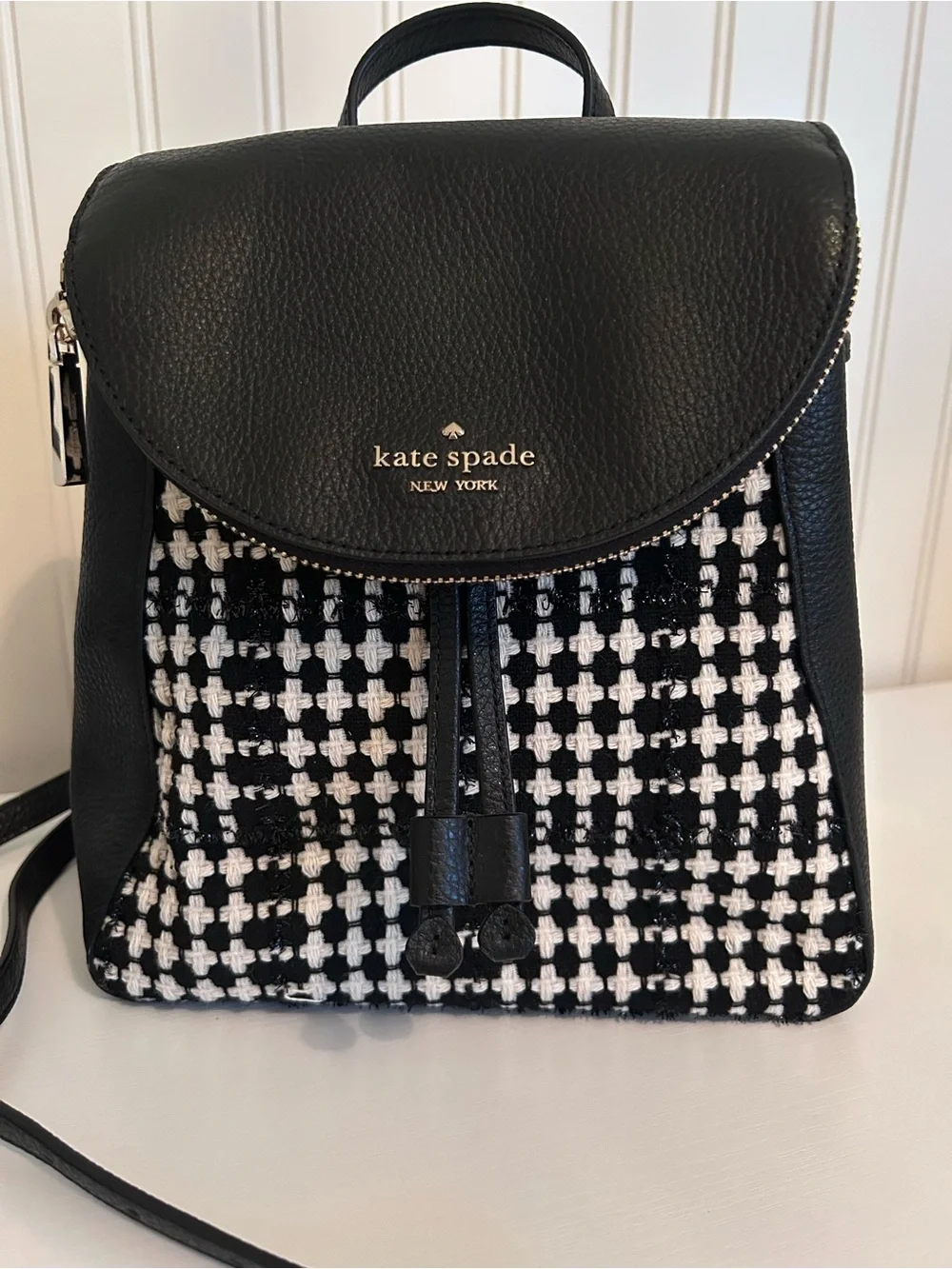 kate spade Black and White Houndstooth Leather-Trim Backpack